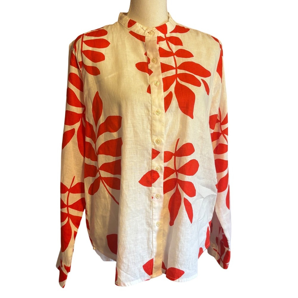 Ann Taylor 100% Linen Red White Leaf Print Button Down Shirt, M, tropical